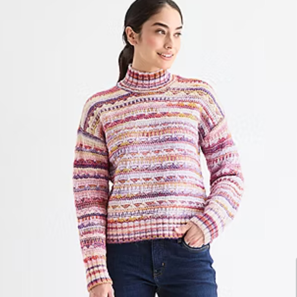 St John’s Bay Striped Mock Neck Womens Sweater in Multi Pink Sz Med